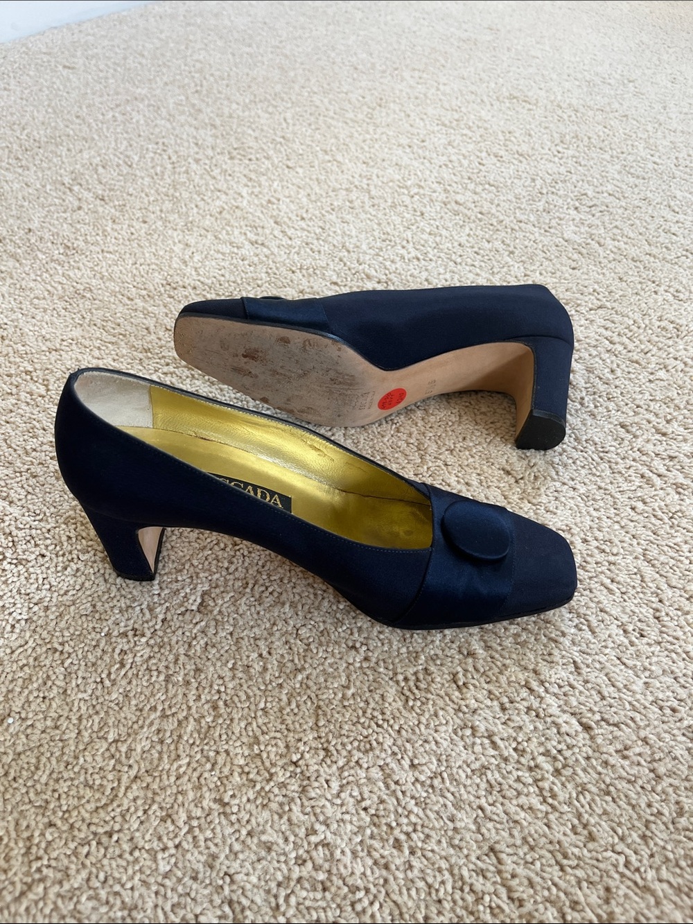 Escada Navy Satin Mid-Heel Pumps with Button Accent